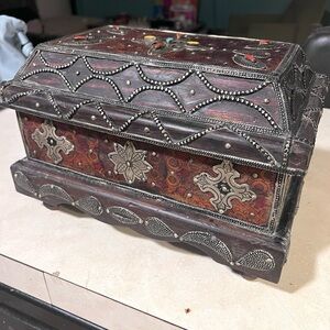 Ornate Moroccan Wooden and Leather Jewelry Box with Silver and Stone Accents